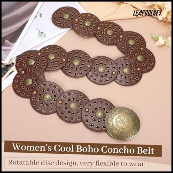 Western Boho Disc Belt Vintage Concho Wide Leather Belt for Jeans Dresses